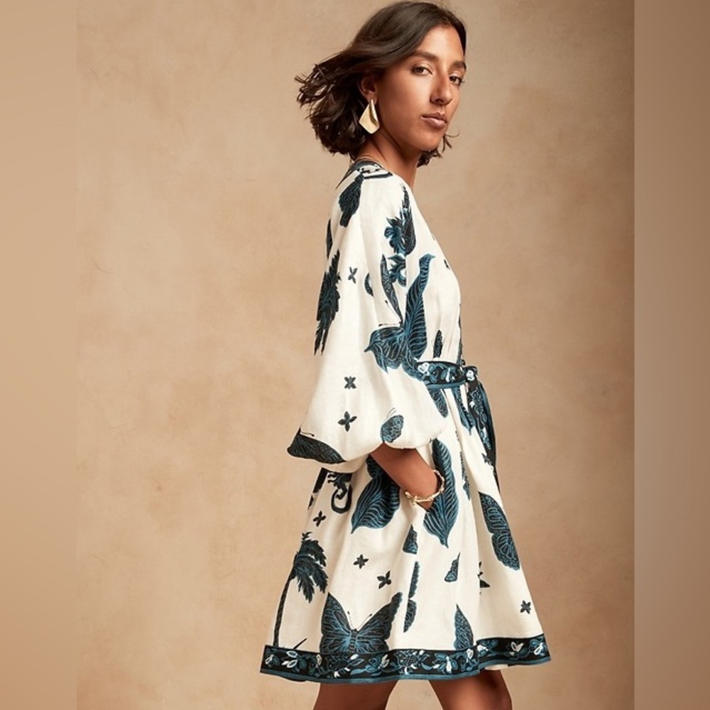 BRAND NEW WITHOUT TAG - BUTTERFLY PRINT LINEN BALLOON-SLEEVE MINI DRESS - 2P